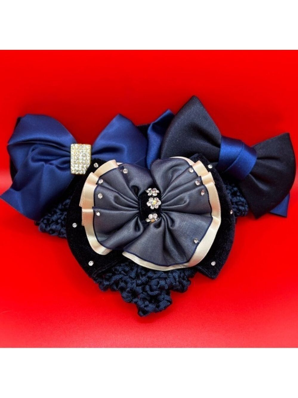 3 piece Satin Hair Bow with Crystal Embellishment & Hair Snood